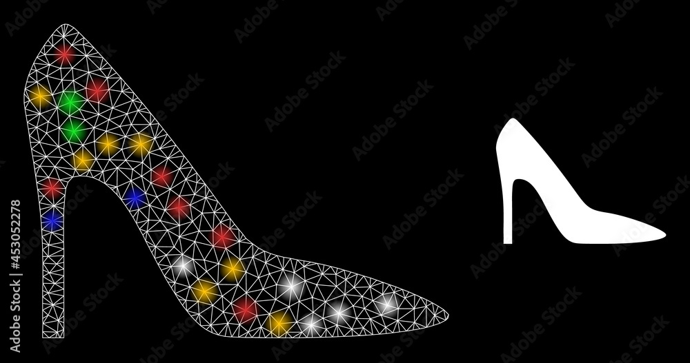 Flare mesh network high heel lady shoe with colorful bright dots. Constellation vector carcass created from high heel lady shoe pictogram. Sparkle carcass wired high heel lady shoe, Flare mesh network high heel lady shoe with colorful bright dots. Constellation vector carcass created from high heel lady shoe pictogram. Sparkle carcass wired high heel lady shoe,