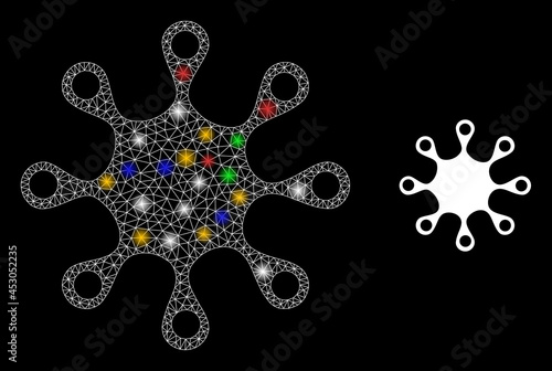 Bright mesh network axenic microbe with multicolored lightspots. Illuminated vector frame created from axenic microbe pictogram. Sparkle frame mesh axenic microbe, on a black backgound. photo