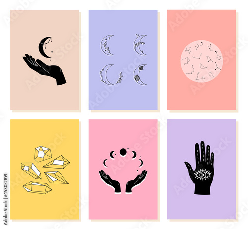 Stylish card with magical elements, hand with moon, eyes and crystals for astrology, fortune telling in trendy modern hand drawn style. Vector stock illustration
