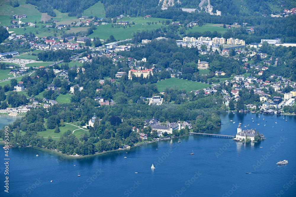 Panoramic view of medieval water castle Schloss Ort Orth on lake Traunsee in Gmunden Upper Austria