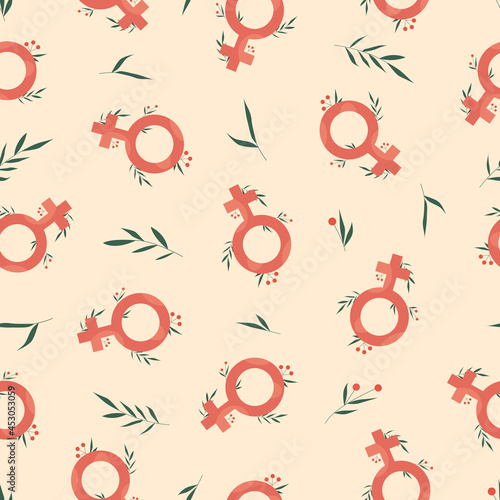 Womens sign in flat style seamless pattern with leaves. Vector stock illustration