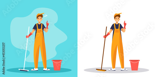 Man janitor with index finger up gesture. Cleaner in uniform with mop on blue and white background.