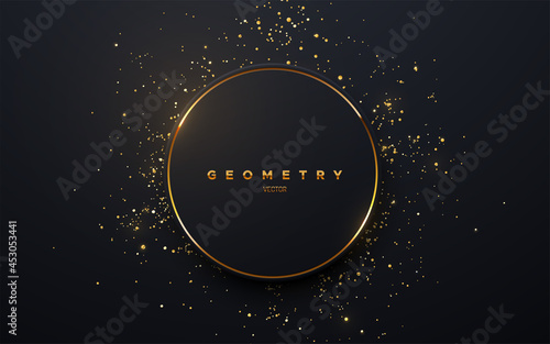 Abstract black circle shape with golden glowing frame and glitters