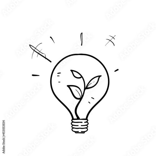 hand drawn doodle light bulb with plant inside symbol for ecological energy illustration icon
