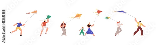 Set of people playing with air kites and fly it to sky. Happy joyful man, woman, kid running and walking, holding flying wind toy in hands. Flat vector illustration isolated on white background