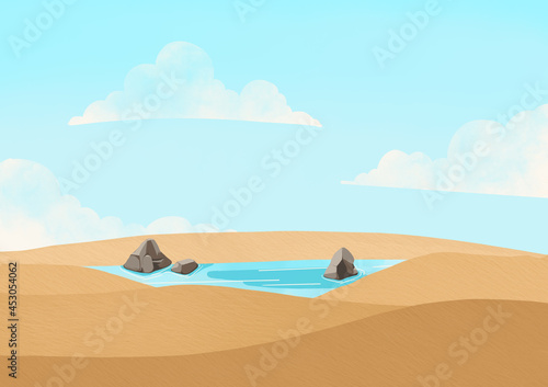 Wheat field landscpae  pool with cloud sky illustration background for decoration on countryside concept.