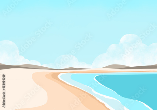 Beach landscape with mountain and cloud sky illustration background for decoration on summer holiday.