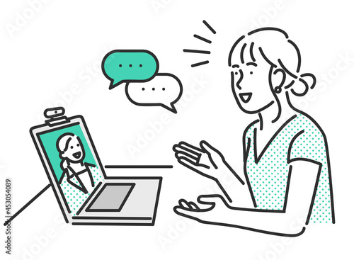 オンラインでコンサルタントの説明を受ける女性のイメージイラスト素材