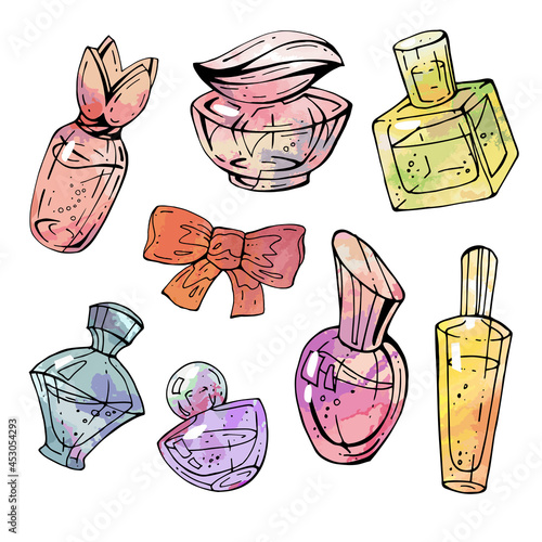 A collection of hand-drawn watercolor perfume bottles. Vector set of different objects on a white background