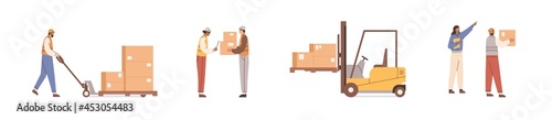 Set of warehouse staff working with boxes, pallets, scanner, and forklifter. Stockroom workers work at storehouse for goods storage. Colored flat vector illustration isolated on white background