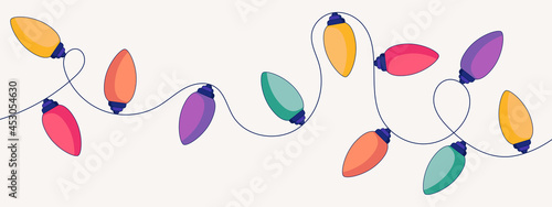 Christmas lights garland in a flat style isolated on beige background, Christmas template for banners and websites. Vector illustration