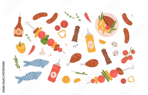 Set of grilled food for BBQ party or summer picnic. Collection of barbecue meat, chicken, sausages, vegetables, roasted steak, fish and kebab on skewer. Flat vector illustration isolated on white