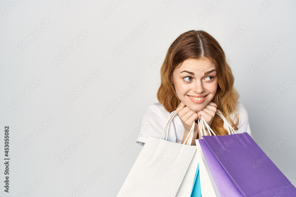 cheerful woman with answers shopping bags entertainment shopaholic cheerful woman with answers shopping bags entertainment shopaholic