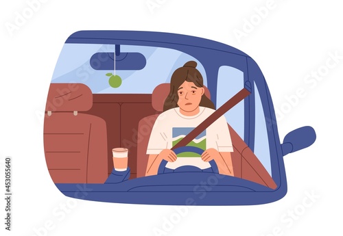 Sleepy tired woman driver in car. Drowsy asleep person driving auto. Female sleeping during ride early in morning. Flat vector illustration of drowsiness in automobile isolated on white background