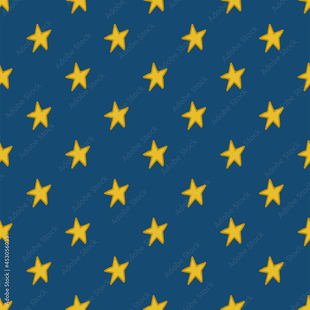 Seamless pattern. Doodle style hand drawn. Nature elements. Yellow stars on a dark blue background. Seamless pattern. Doodle style hand drawn. Nature elements. Yellow stars on a dark blue background.