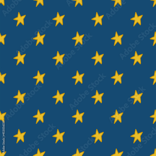 Seamless pattern. Doodle style hand drawn. Nature elements. Yellow stars on a dark blue background.