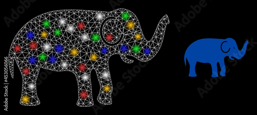 Bright mesh web elephant with vibrant glowing spots. Illuminated vector carcass created from elephant symbol. Sparkle carcass mesh elephant, on a black backgound.