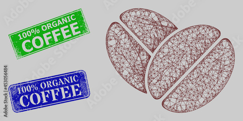 Wireframe net mesh cacao beans model, and 100 percents Organic Coffee blue and green rectangular scratched stamps. Carcass net mesh image is based on cacao beans icon.