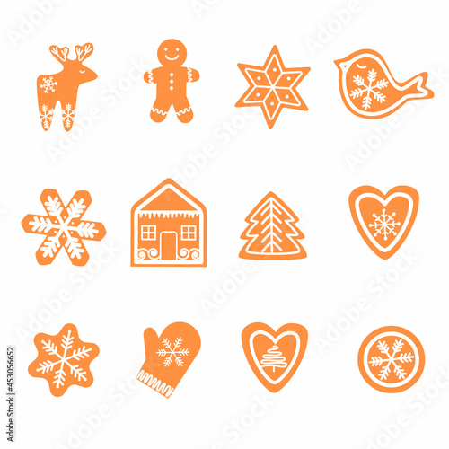 Set of cute gingerbread cookies for Christmas. Vector illustration isolated on white background.