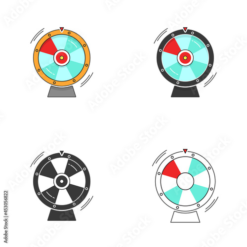 Wheel of fortune or luck roulette spinning icon vector set flat cartoon and line outline stroke art illustration