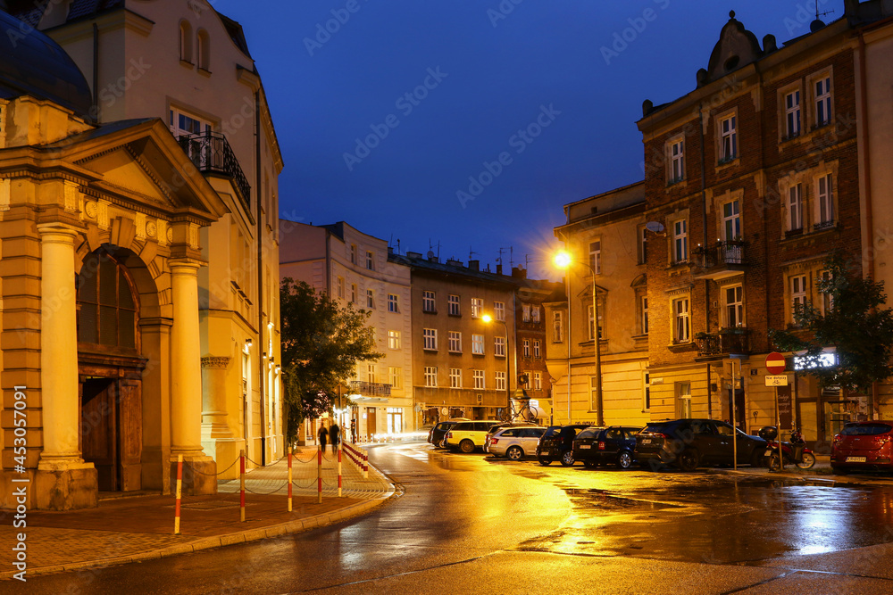 KRAKOW, POLAND - AUGUST 25, 2021: Architecture of the Debniki quarter by night.