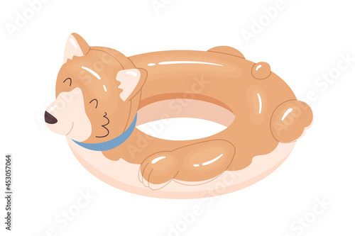 Dog-shaped inflatable rubber ring for swimming in water. Corgi toy for pool and sea. Flat vector illustration of children's funny glossy object isolated on white background
