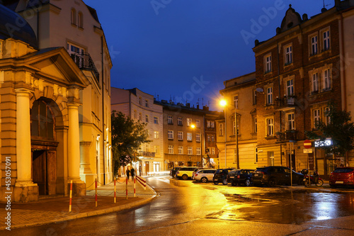 KRAKOW, POLAND - AUGUST 25, 2021: Architecture of the Debniki quarter by night.