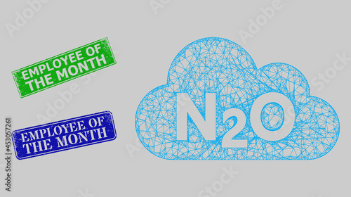 Carcass net nitrous oxide gas model, and Employee Of The Month blue and green rectangular textured stamp seals. Frame net image designed with nitrous oxide gas pictogram.