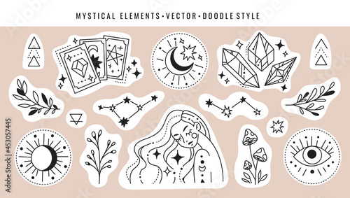 Magic cards, crystals constellation, girl, mushrooms, plants and magic symbols. Set of mystical elements in doodle style. 