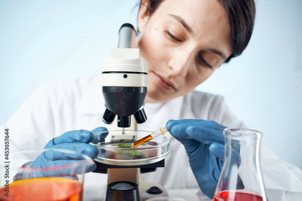 woman laboratory assistant microscope research diagnostics science work woman laboratory assistant microscope research diagnostics science work