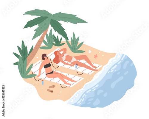Women in bikini sunbathing on sand beach. Female friends relaxing on sunloungers at seaside resort. People resting by sea on summer holidays. Flat vector illustration isolated on white background