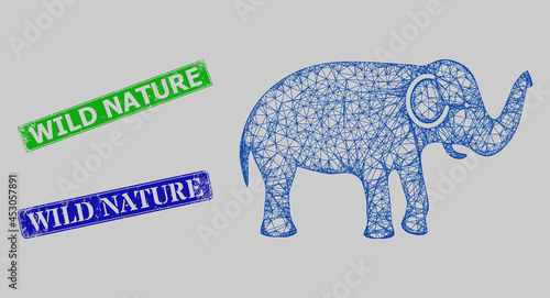 Wireframe net elephant model, and Wild Nature blue and green rectangle corroded seals. Frame net image designed with elephant icon. Seals have Wild Nature title inside rectangle frame.