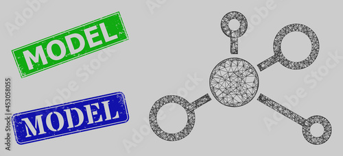 Carcass network distribution model, and Model blue and green rectangle unclean stamp seals. Frame net illustration based on distribution model icon.