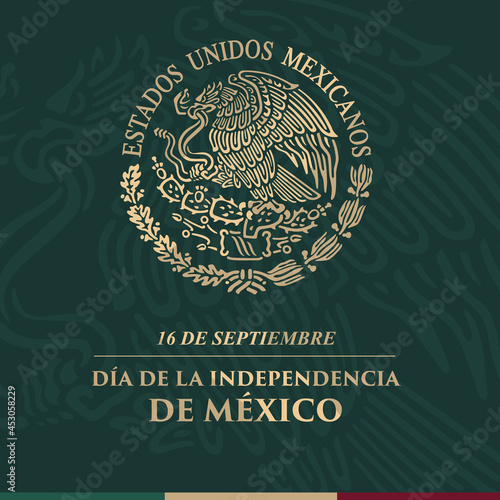 VECTORIAL BANNER for Mexico Independence Day with shiny golden coat of arms, 16 septiembre, grito de Dolores, Fiestas patrias, civic, cultural events, traditions, patriotic, elegant, vintage