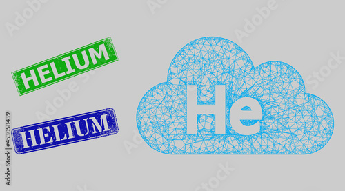 Wireframe net mesh helium gas model, and Helium blue and green rectangular grunge stamp seals. Carcass net symbol created from helium gas pictogram.