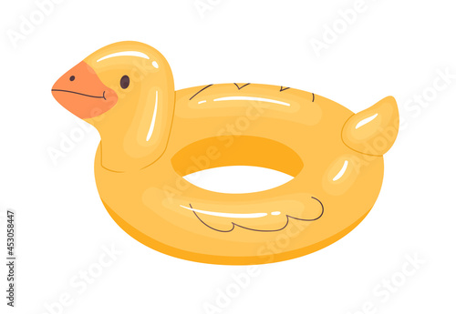 Duck-shaped inflatable rubber ring for fun and swimming. Childish summer water duckling for pool and sea. Flat vector illustration of Funny glossy quack toy isolated on white background