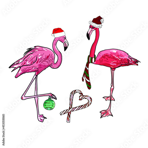 Isolated illustration of a web flamingo against a white background. Christmas flamingo as an icon, logo, template for a designer
