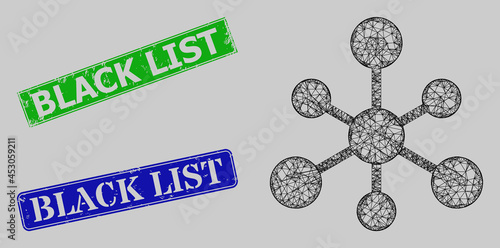 Carcass net mesh web connections model, and Black List blue and green rectangle unclean stamps. Carcass net symbol is created from web connections icon.