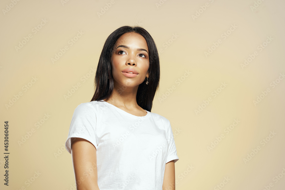 pretty african woman fashion hairstyle white t-shirt cropped view pretty african woman fashion hairstyle white t-shirt cropped view
