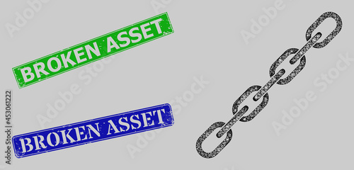 Carcass hatched mesh chain model, and Broken Asset blue and green rectangular dirty stamp seals. Carcass net image is based on chain icon. Stamp seals have Broken Asset text inside rectangle frame.