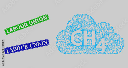 Carcass net methane gas model, and Labour Union blue and green rectangle scratched stamp seals. Carcass net mesh illustration is based on methane gas pictogram.