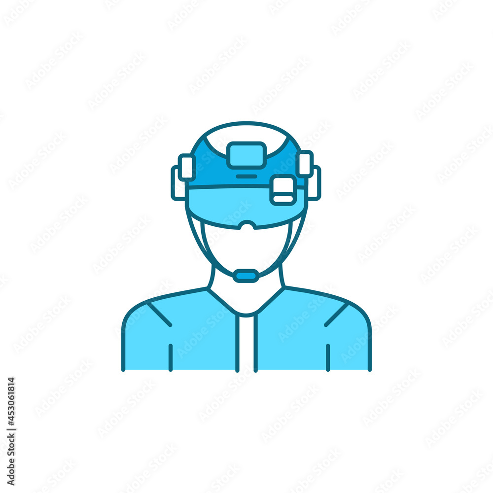 Augmented reality in military color line icon. Man in VR helmet.