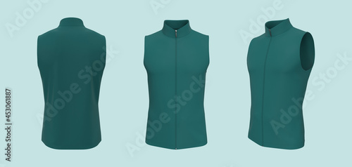 Sleeveless cycling jersey mockup in front, side and back, 3d rendering, 3d illustration