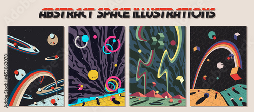 Abstract Space Illustrations, Vintage Color 3D Shapes, Geometric Backgrounds 