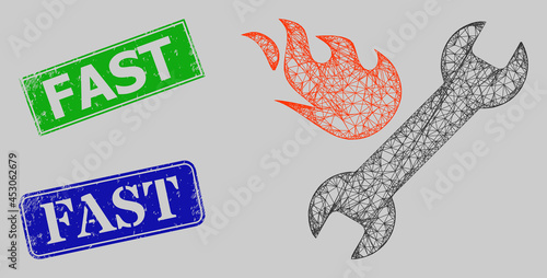 Carcass hatched mesh fast repair model, and Fast blue and green rectangle unclean stamps. Frame net mesh image based on fast repair icon. Stamps contain Fast tag inside rectangle shape.