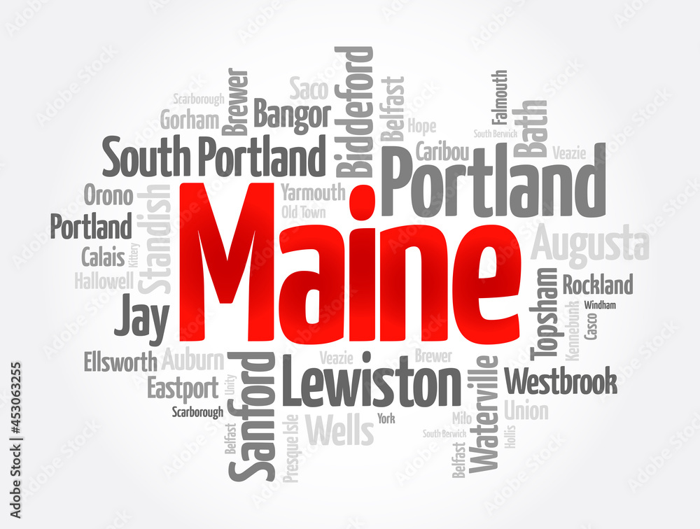 List of cities and towns in Maine USA state, word cloud concept background