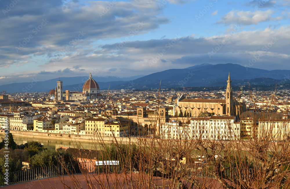 Fototapeta premium Cityscape of Florence as seen from Piazzale Michelangelo with Cathedral and Basilica of the Holy Cross. Italy