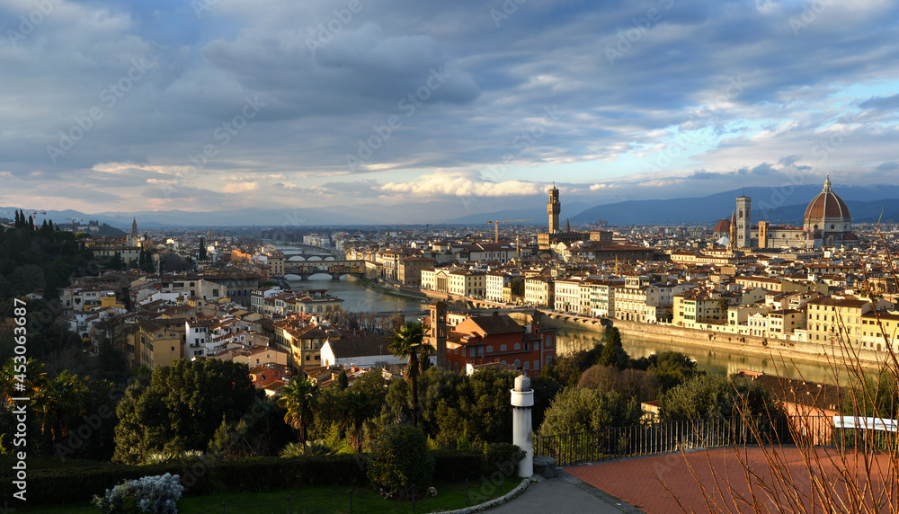 Cityscape of Florence as seen from Piazzale Michelangelo with Old Bridge, Palace of the Town Hall, Cathedral. Italy