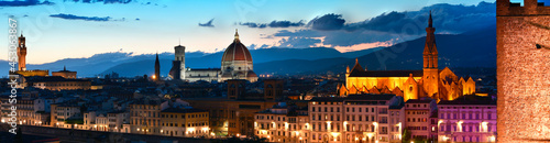 Florence, July 2021: Spectacular cityscape by night of Florence with Palace of the Town Hall, Cathedral of Santa Maria del Fiore and Basilica of the Holy Cross seen from Piazzale Michelangelo. Italy