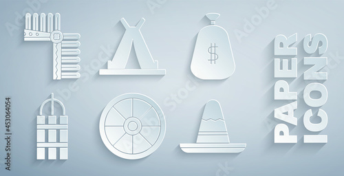 Set Old wooden wheel, Money bag, Detonate dynamite bomb stick, Mexican sombrero hat, Indian teepee or wigwam and headdress with feathers icon. Vector